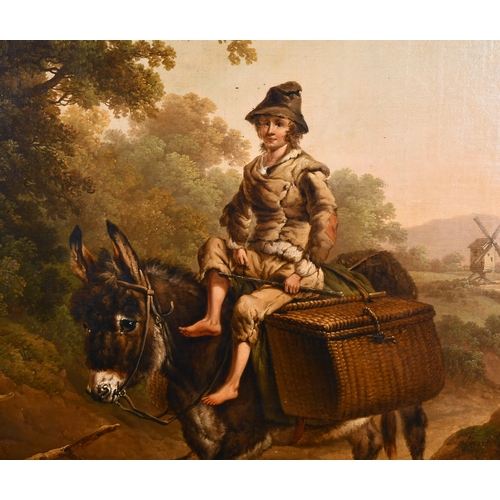 132 - Charles Towne (1763-1840) British. A Young Boy on a Donkey, a dog in the foreground and a windmill i... 