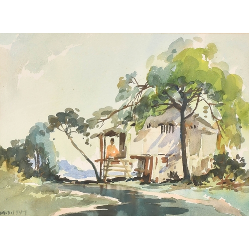164 - Mun Sen Yong (1896-1962) Malaysian. Figure by a Cottage, Watercolour, Signed with initials and dated... 