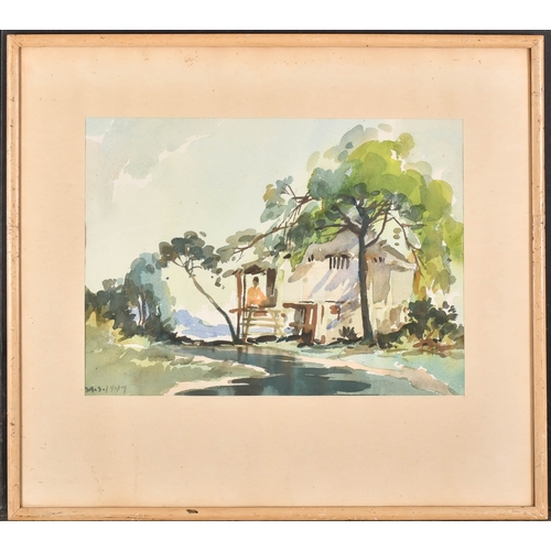 164 - Mun Sen Yong (1896-1962) Malaysian. Figure by a Cottage, Watercolour, Signed with initials and dated... 