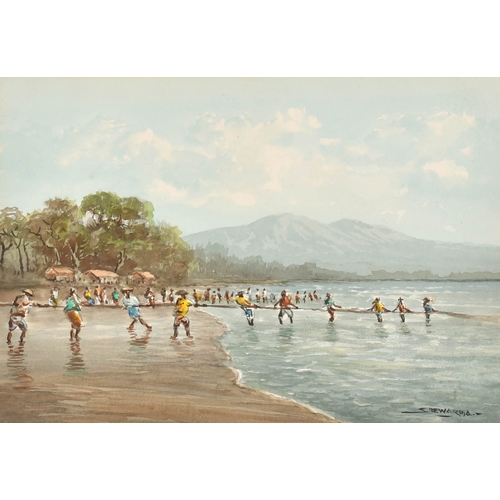 170 - Soewardja (1900-?) Indonesian. Pulling in the Nets, Watercolour, Signed, 10