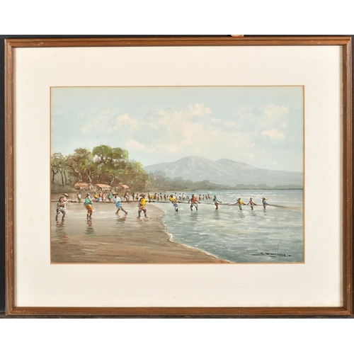 170 - Soewardja (1900-?) Indonesian. Pulling in the Nets, Watercolour, Signed, 10