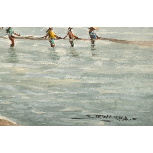 170 - Soewardja (1900-?) Indonesian. Pulling in the Nets, Watercolour, Signed, 10