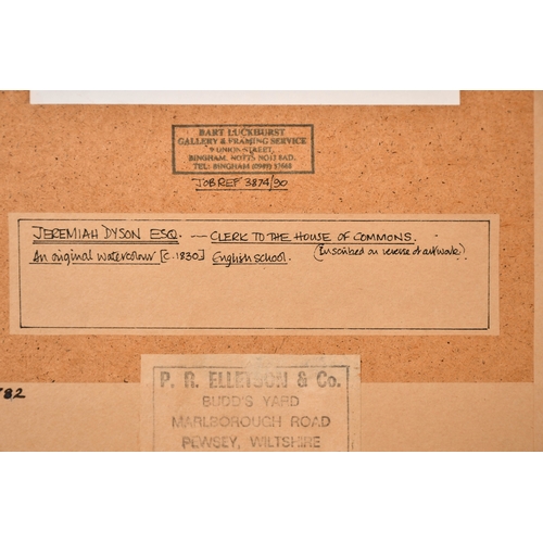 12 - William Derby (1786-1847) British. Portrait of Jeremiah Dyson (1757-1835), Watercolour, Inscribed on... 