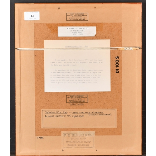 12 - William Derby (1786-1847) British. Portrait of Jeremiah Dyson (1757-1835), Watercolour, Inscribed on... 