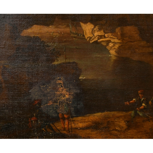 25 - Circle of Salvator Rosa (1615-1673) Italian. A Capriccio River Landscape with figures in the foregro... 