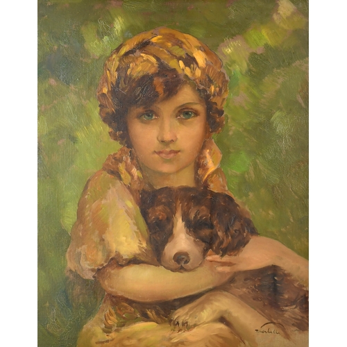 242 - Tito Corbella (1885-1966) Italian. Young Girl and Dog, Oil on artist's board, Signed, 19.5