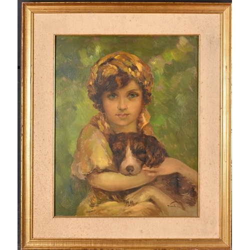 242 - Tito Corbella (1885-1966) Italian. Young Girl and Dog, Oil on artist's board, Signed, 19.5