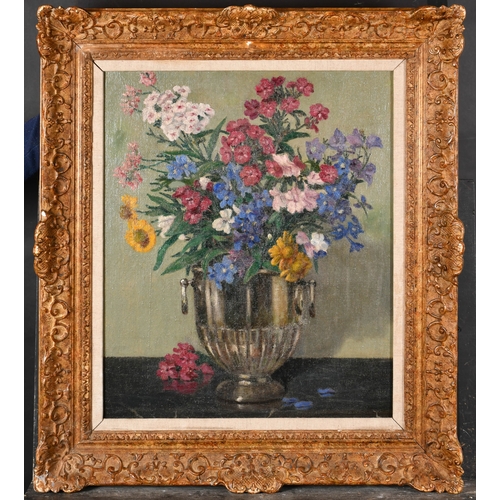 245 - 20th Century French School. Flowers in a Silver Vase, Oil on canvas, 24