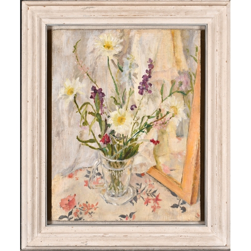 289 - Margaret Green (1925-2003) British. 'Flowers in a Vase', Oil on board, Inscribed on a label verso, 1... 