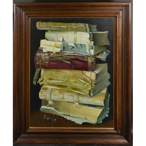 296 - James MacDonald (1956-) British. Book Stack, including Shakespeare, Oil on board, Signed with initia... 