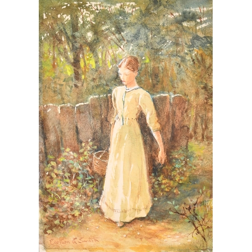 64 - Carlton Alfred Smith (1853-1946) British. Young Girl with Basket, Watercolour, Signed, with a sketch... 
