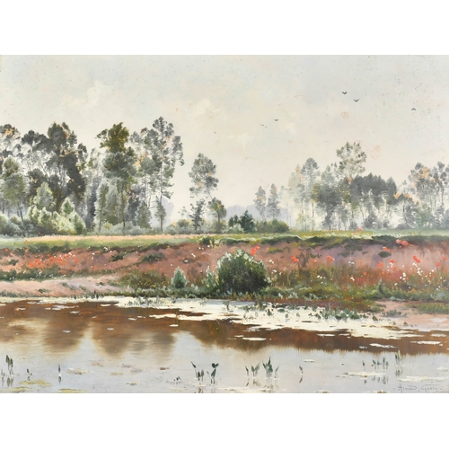 74 - Armand Guery (1850-1912) French. River Landscape, Oil on board, Signed, and inscribed on a label ver... 