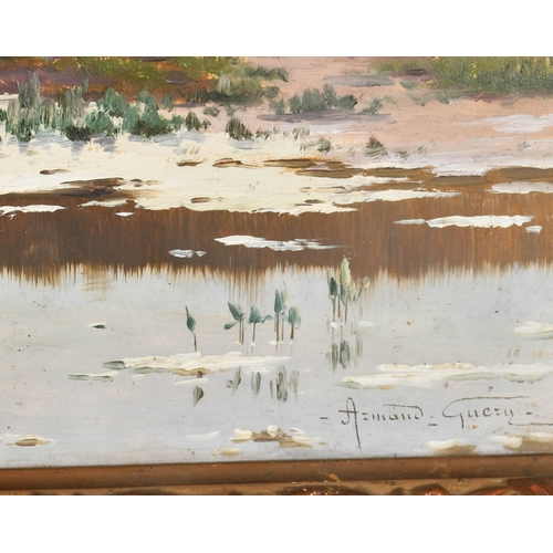 74 - Armand Guery (1850-1912) French. River Landscape, Oil on board, Signed, and inscribed on a label ver... 