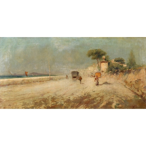 77 - Oscar Ricciardi (1864-1935) Italian. Figures along a Harbour Wall, Oil on canvas, Signed, and inscri... 
