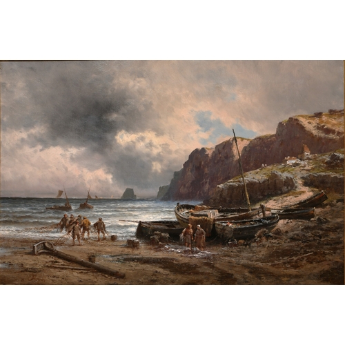 95 - Eugenio Amus (1834-1899) Italian. Unloading the Catch, Oil on canvas, Signed, and inscribed on a lab... 