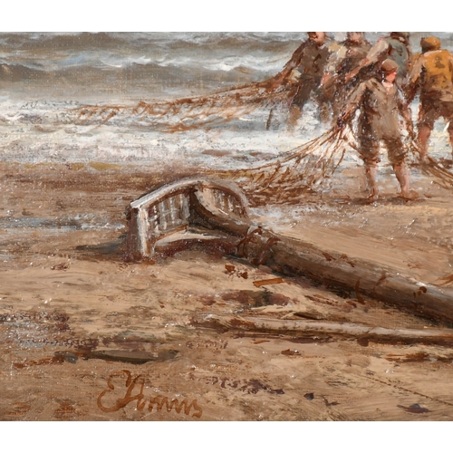 95 - Eugenio Amus (1834-1899) Italian. Unloading the Catch, Oil on canvas, Signed, and inscribed on a lab... 