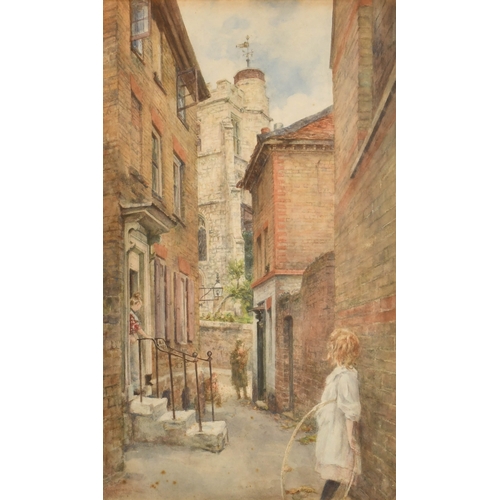 194 - Early 20th Century English School. Girl with a Hoop in a Lane, Watercolour, 18