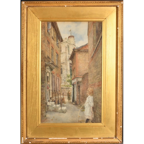 194 - Early 20th Century English School. Girl with a Hoop in a Lane, Watercolour, 18
