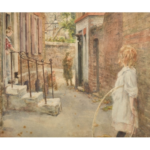 194 - Early 20th Century English School. Girl with a Hoop in a Lane, Watercolour, 18