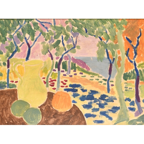 212 - 20th Century French School. Still Life of Fruit and Jug in a Coastal Landscape, Oil on board, 18