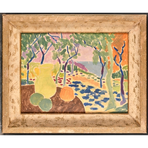 212 - 20th Century French School. Still Life of Fruit and Jug in a Coastal Landscape, Oil on board, 18
