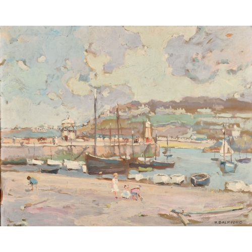 215 - Hurst Balmford (1871-1950) British. Cornish Harbour Scene, possibly St Ives Harbour with Smeatons Pi... 