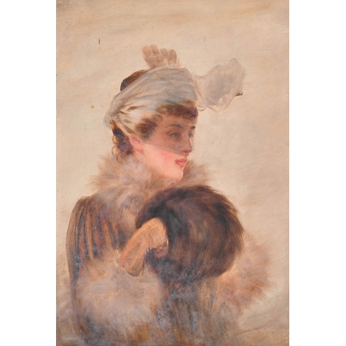 225 - Early 20th Century French School. Bust Portrait of a Lady holding a muff, Oil on paper, 14.25