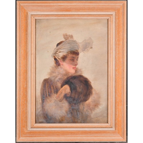 225 - Early 20th Century French School. Bust Portrait of a Lady holding a muff, Oil on paper, 14.25