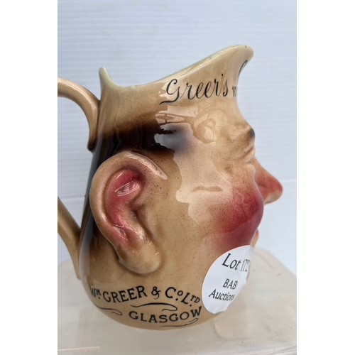 172 - GREERS OVH WHISKY FACE JUG JUG IN GOOD CONDITION NO DAMAGE
