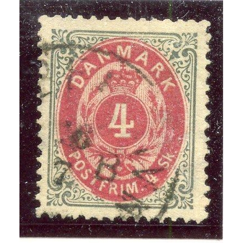 191 - DENMARK 1870 - 74 4sk rose-carmine and grey perf 14 x 13½ used. SG 43. Cat £27.