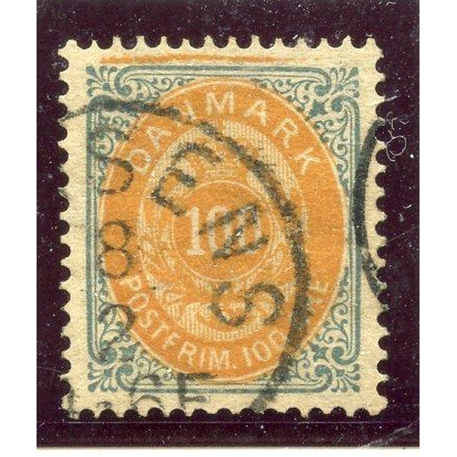 194 - DENMARK 1875 - 1903 100 ore yellow-orange and bluish-grey used. SG 79. Cat £80.