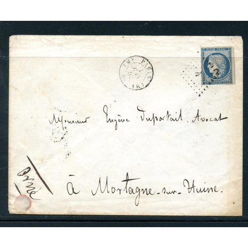 225 - FRANCE 1852 local mail from Paris to Montagne-sur-Huine franked with 4 margined YT 4 tied by 'M' loz... 