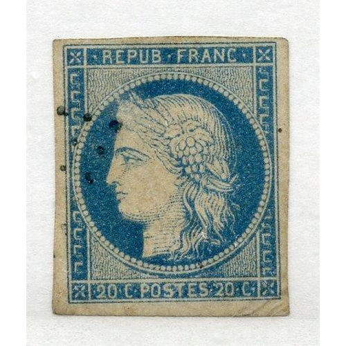 317 - FRENCH COLS 1871 - 76 20c blue 4 margined imperf fu. SG 17. Cat £150.