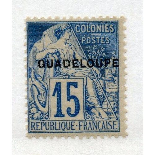 329 - FRENCH COLS GUADELOUPE 1891 15c blue on pale blue mint. SG 26. Cat £26.