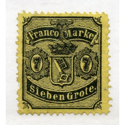 378 - GERMAN STATES BREMEN 1866 - 67 7gr black on yellow perf 13 short perf. SG 21. Cat £250.