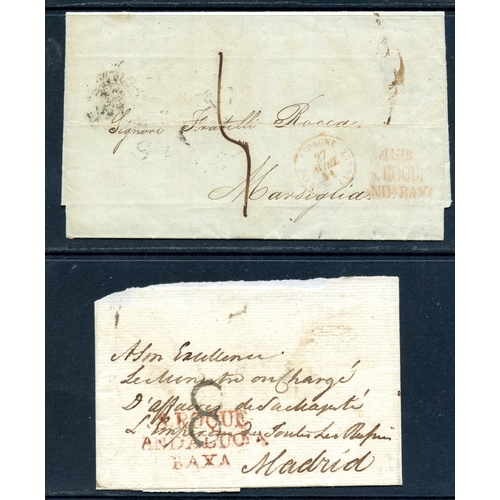 439 - GIBRALTAR 1814 - 15 entires x 2 to Madrid and Marseille each with San Roque and Andalucia marks, the... 