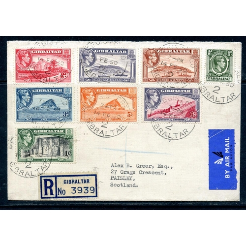 446 - GIBRALTAR 1950 cover to GB franked with pictorials up to 1/-. Fine.