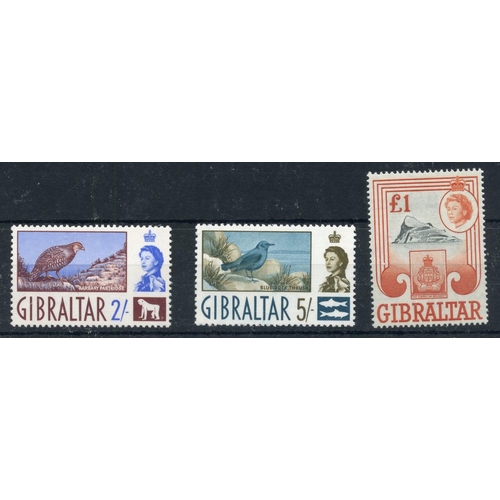 447 - GIBRALTAR 1960 - 62 2/-, 5/- and £1 mint. SG 170, 171, 173. Cat £55.