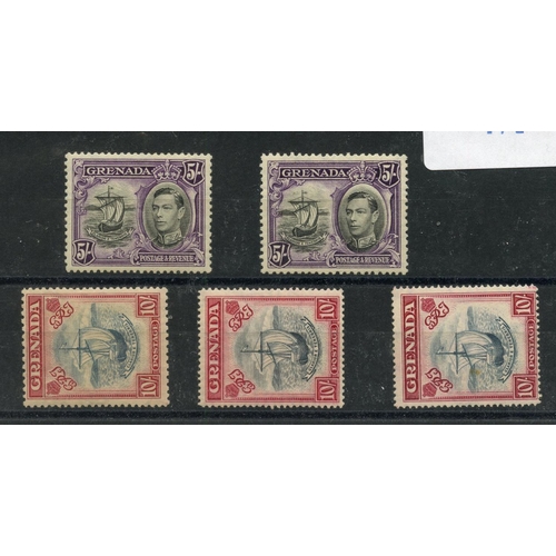 471 - GRENADA 1938 - 50 5/- (both perfs), 10/- steel blue and bright carmine, blue black and carmine, blue... 