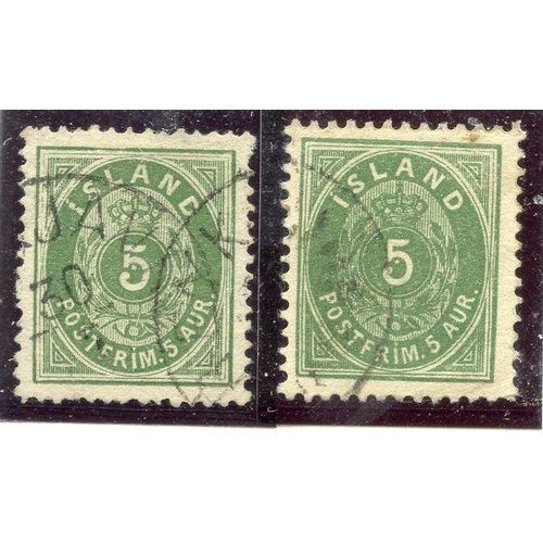 489 - ICELAND 1882 - 95 5a bluish green plus 5a dull green wmk Crown perf 14 x 13½ fu. SG 21, 21a. Cat £80... 