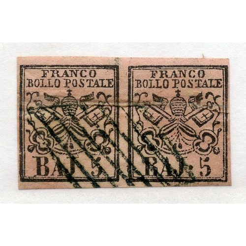 540 - ITALIAN STATES PAPAL STATES 1852 - 64 5b rose imperf 4 margined horizontal pair fu. SG 20. Cat £48+.