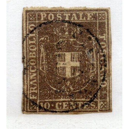 541 - ITALIAN STATES TUSCANY 1860 10c deep brown close cut imperf fu. SG 42. Cat £75.