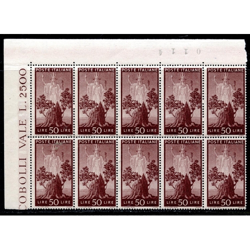 570 - ITALY 1945 50L purple Peace top left corner marginal block of 10 um. SG 668. Cat £168.