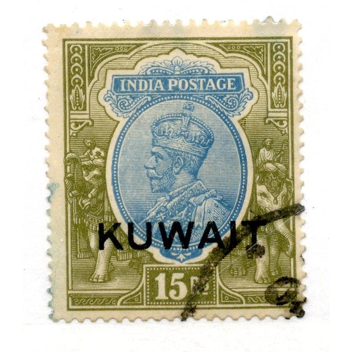 601 - KUWAIT 1929 - 37 15r blue and olive wmk mult stars fu. SG 29. Cat £1300.