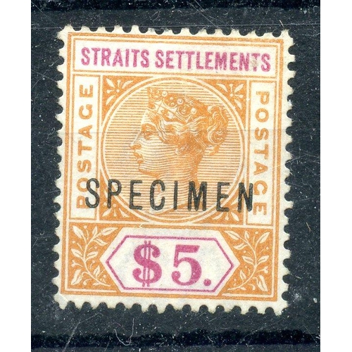 642 - MALAYSIA STRAITS SETTS 1892 - 9 $5 orange and carmine opt Specimen unused.  SG 105s.  Cat+/- £800.