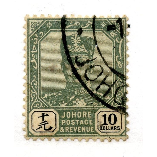 643 - MALAYA JOHORE 1922 - 41 $10 green and black wmk script fu. SG 125. Cat £550.