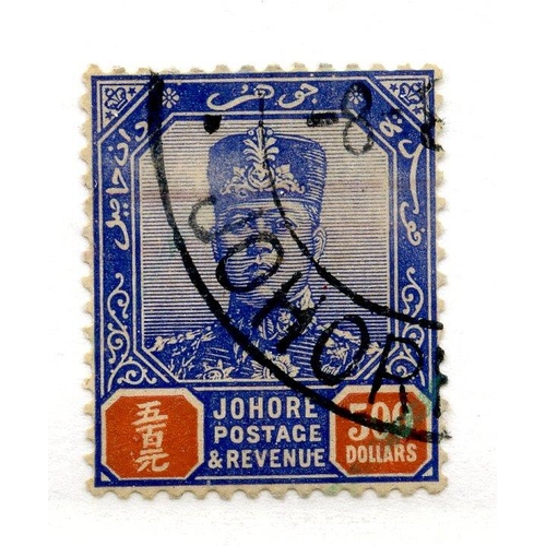 644 - MALAYA JOHORE 1922 - 41 $500 blue and red wmk script small thin, fiscal cancel. SG 128. Cat £450.