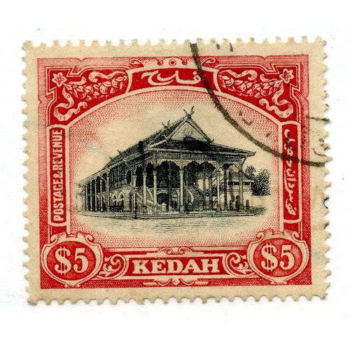 645 - MALAYA KEDAH 1921 - 32 $5 black and deep carmine wmk script fu. SG 40a. Cat £200.