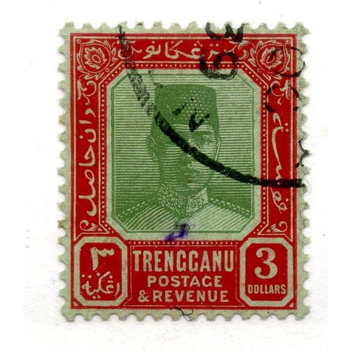 647 - MALAYA TRENGGANU 1921 - 41 $3 green and lake wmk script fu. SG 43. Cat £250.