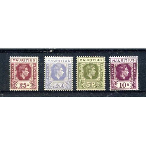 656 - MAURITIUS 1938 - 49 25c, 2r50, 5r and 10r on ord paper mint. SG 259a, 261a, 262a, 263a. Cat £117.